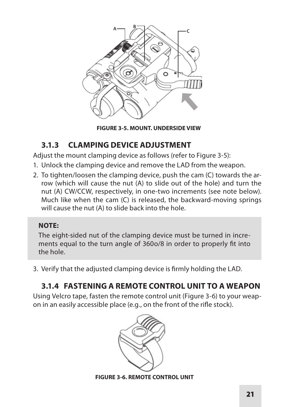 3 clamping device adjustment, 4 fastening a remote control unit to a weapon | Armasight IAIR002LP000001 DRAKOS 2 Multi-Spectral Laser Aiming/ Illumination Devices User Manual | Page 21 / 36