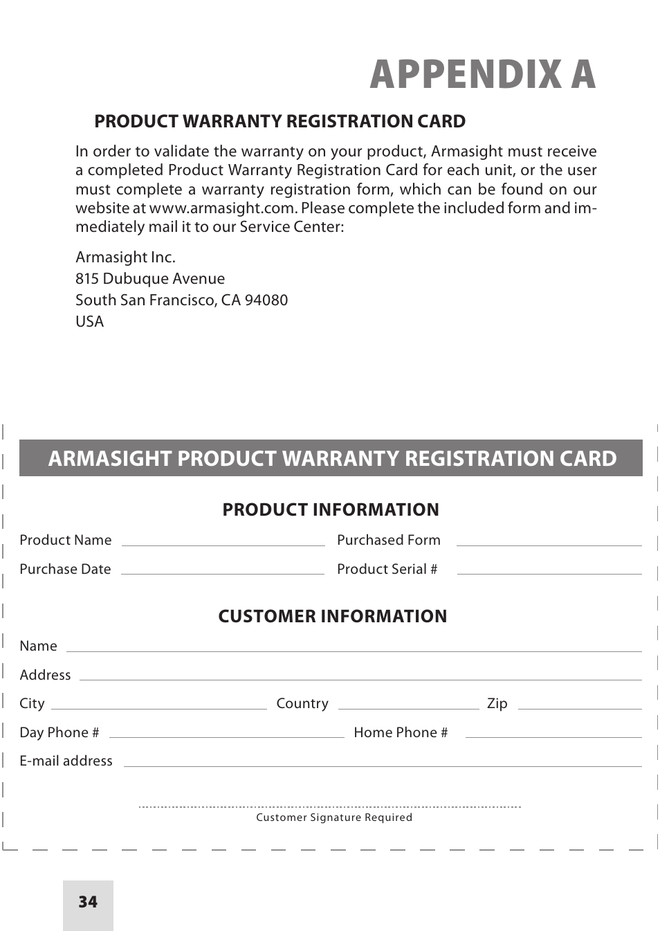 Appendix a, Armasight product warranty registration card | Armasight IAIR002LP000001 DRAKOS 2 Multi-Spectral Laser Aiming/ Illumination Devices User Manual | Page 34 / 36