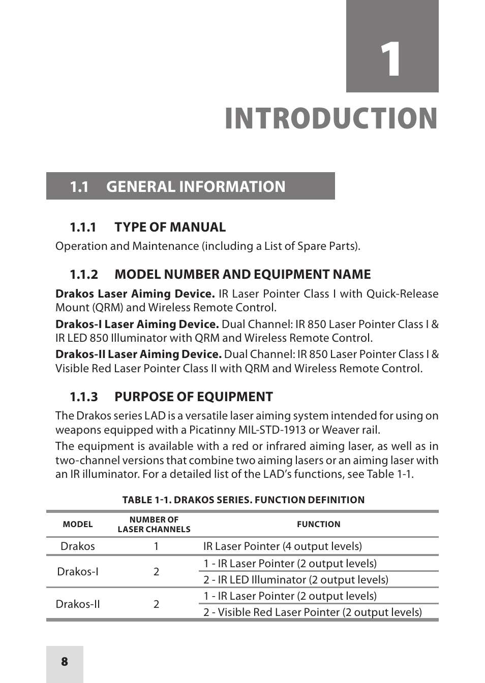 Introduction, 1 general information | Armasight IAIR002LP000001 DRAKOS 2 Multi-Spectral Laser Aiming/ Illumination Devices User Manual | Page 8 / 36