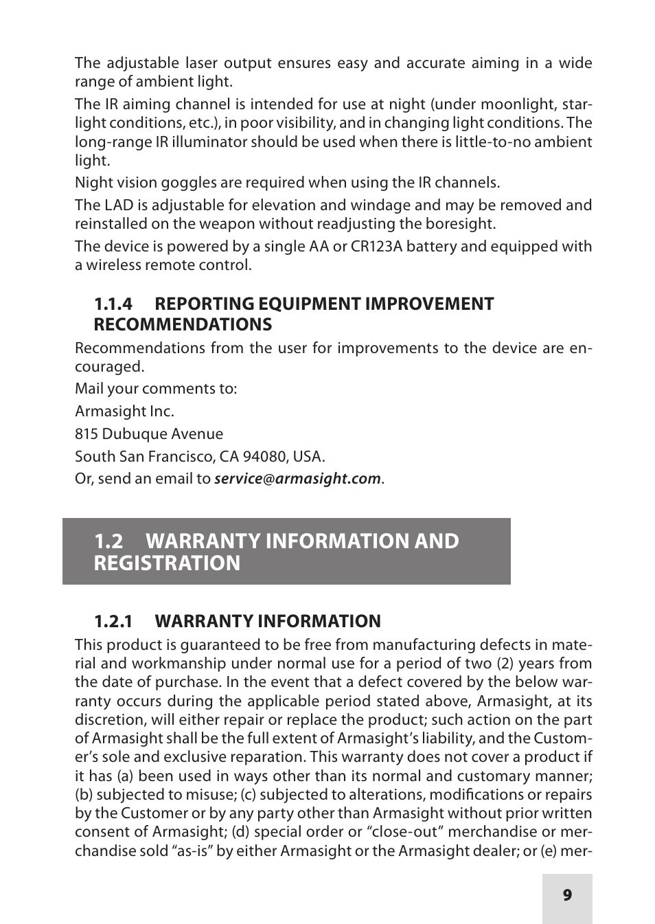 2 warranty information and registration | Armasight IAIR002LP000001 DRAKOS 2 Multi-Spectral Laser Aiming/ Illumination Devices User Manual | Page 9 / 36