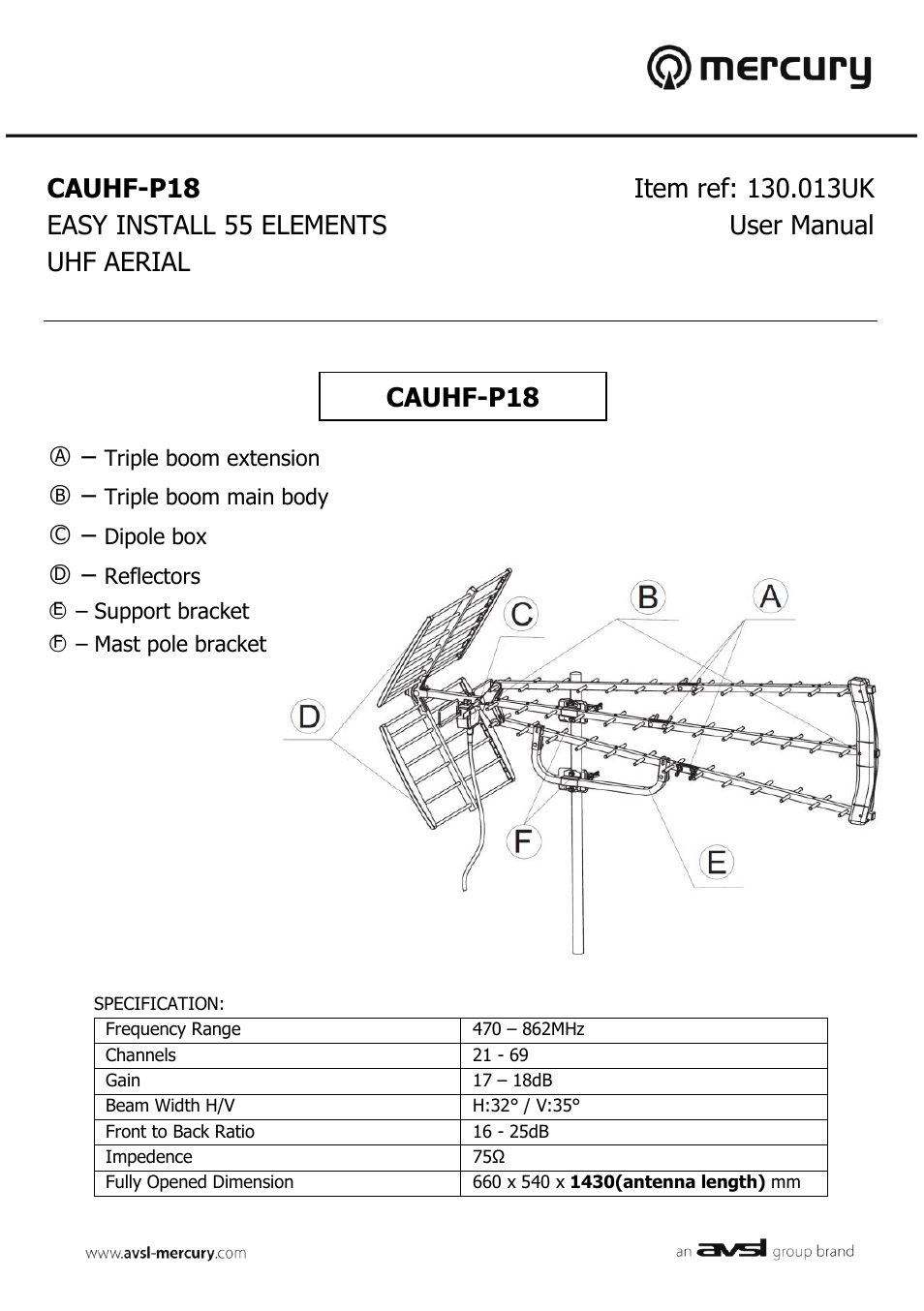 AVSL 130.013 CAUHF-P18 User Manual | 4 pages