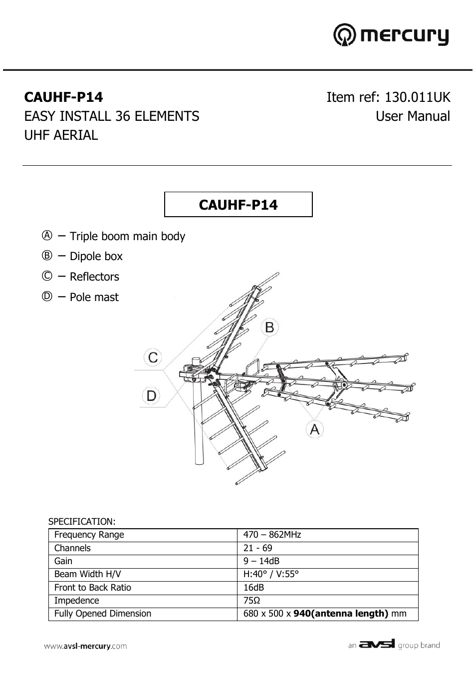 AVSL 130.011 CAUHF-P14 User Manual | 4 pages