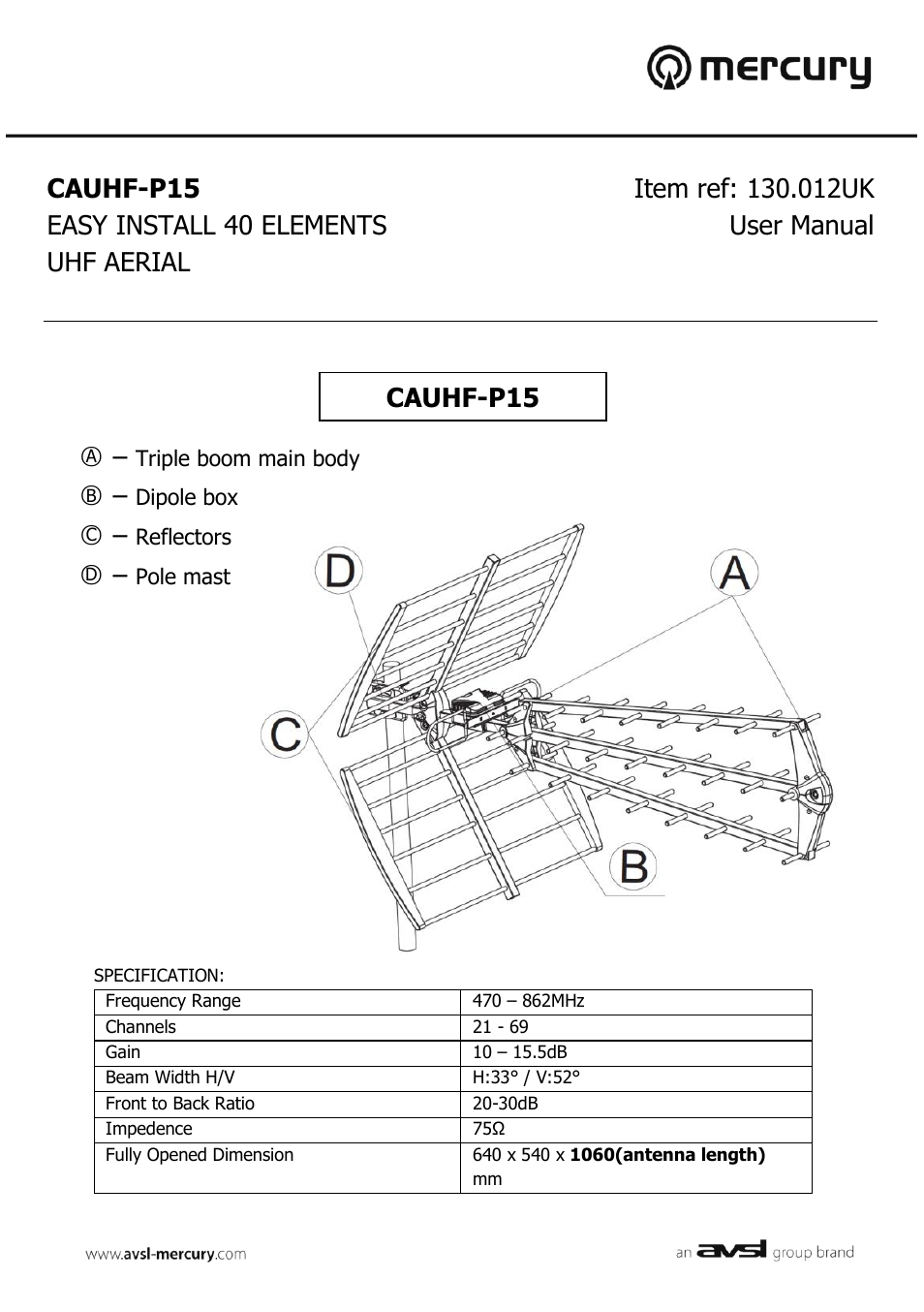 AVSL 130.012 CAUHF-P15 User Manual | 3 pages