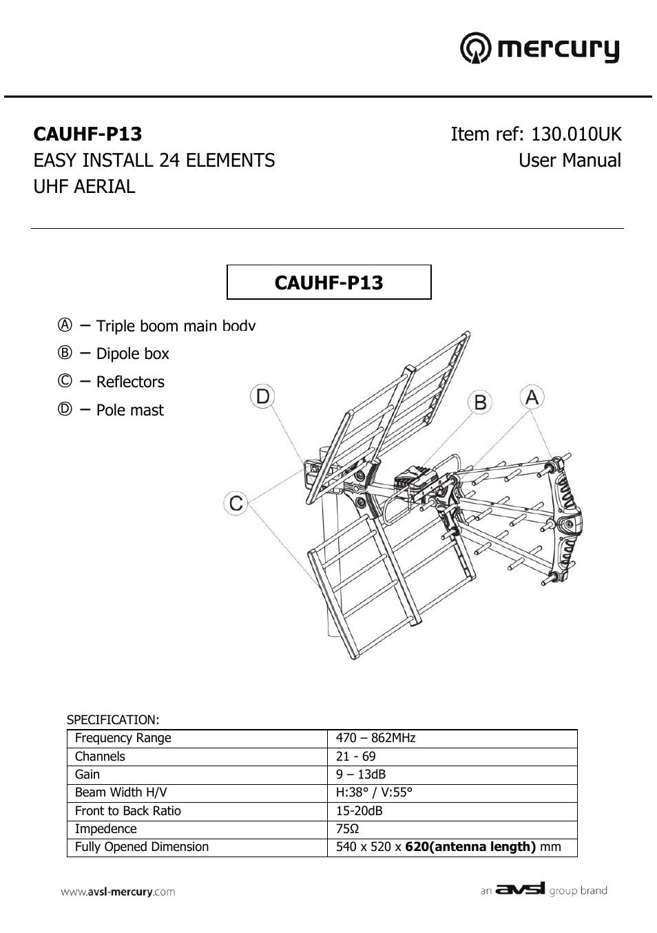 AVSL 130.010 CAUHF-P13 User Manual | 3 pages