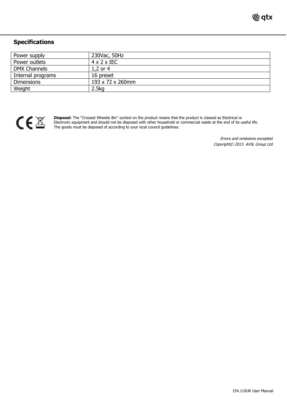 Specifications | AVSL 154.110 DP4 User Manual | Page 4 / 4