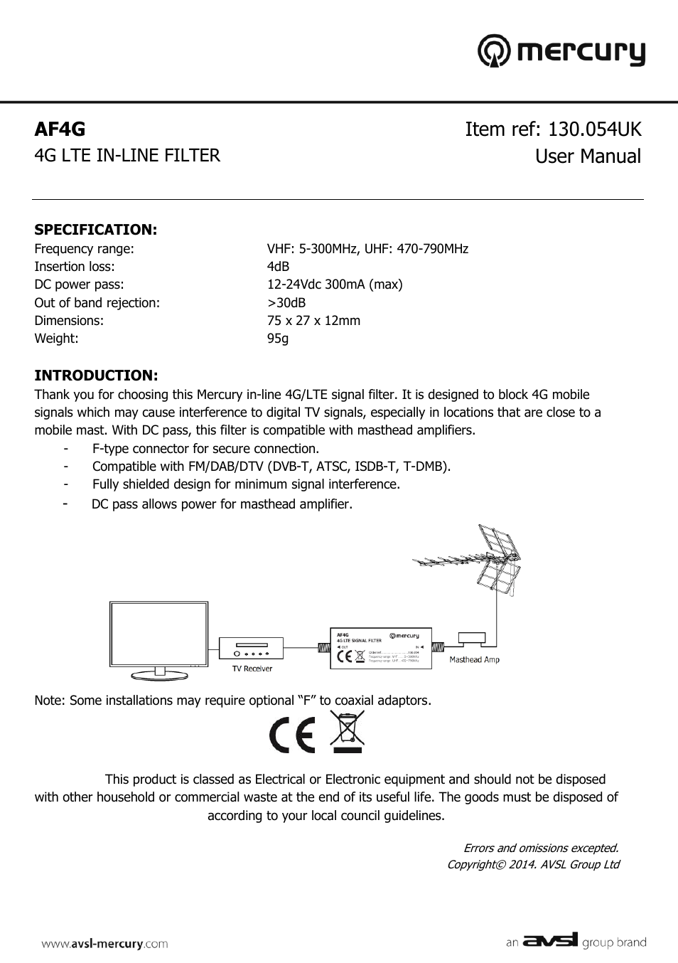 AVSL 130.054 AF4G 4G LTE IN-LINE FILTER User Manual | 1 page