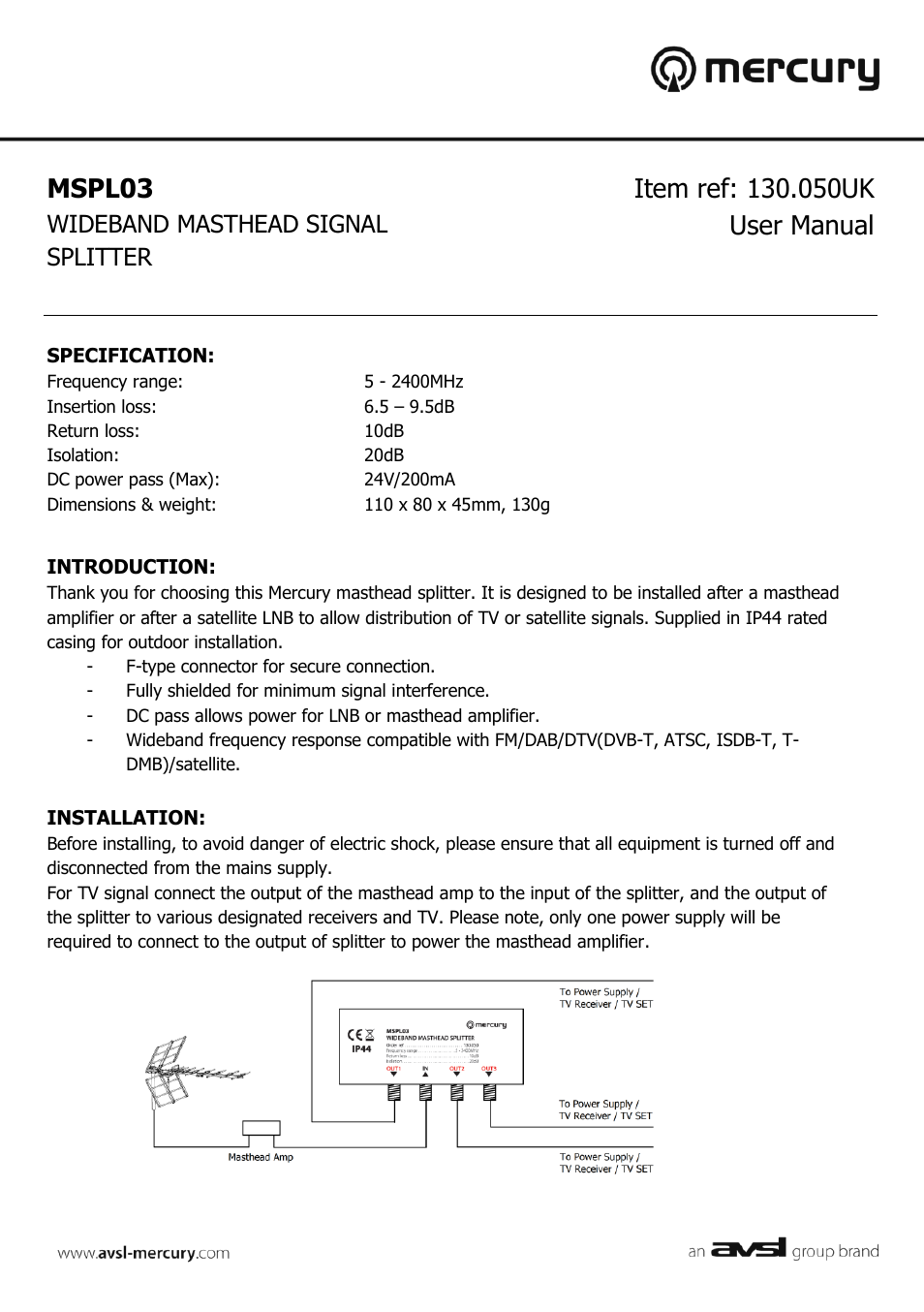 AVSL 130.050 MSPL03 User Manual | 2 pages