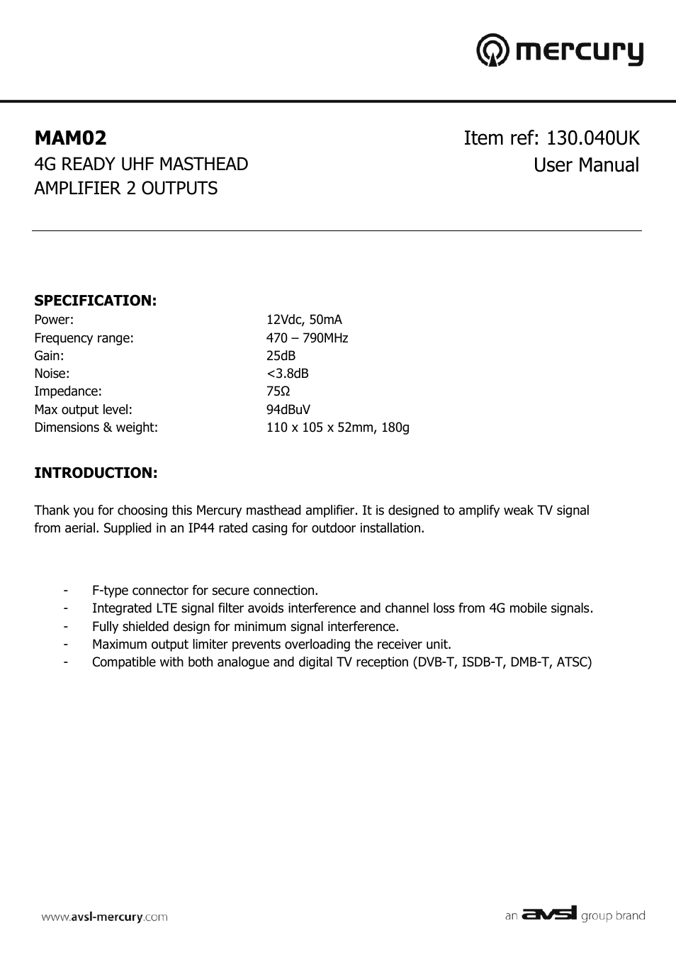 AVSL 130.040 MAM02 User Manual | 2 pages