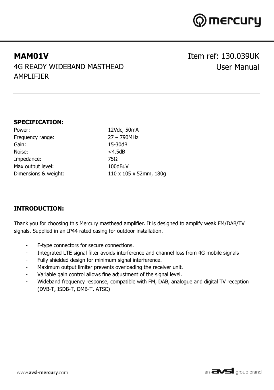 AVSL 130.039 MAM01V User Manual | 2 pages