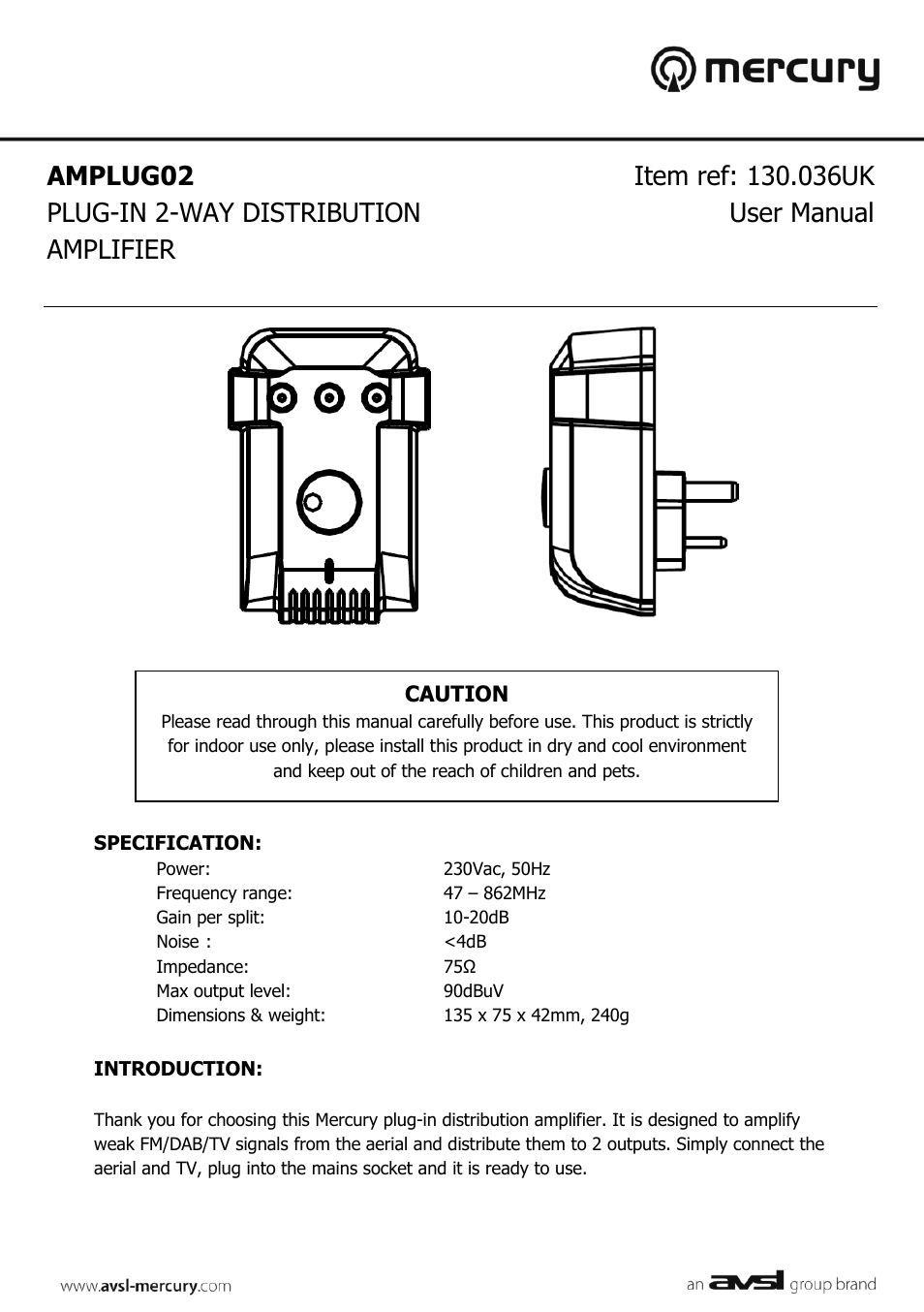 AVSL 130.036 AMPLUG02 User Manual | 2 pages