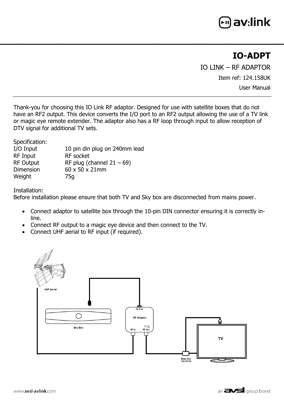 AVSL 124.158 IO-ADPT User Manual | 2 pages