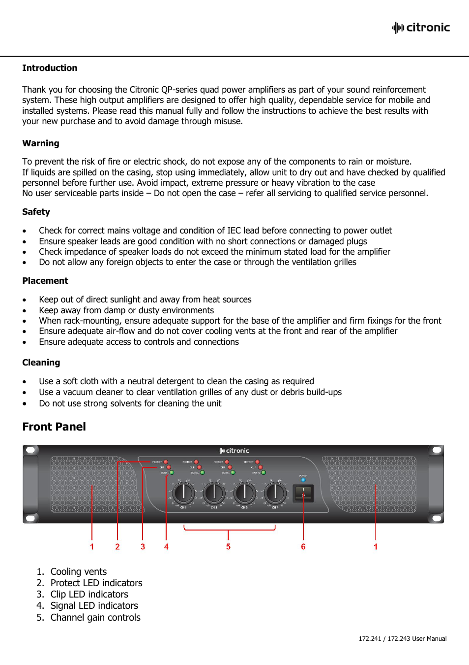 Front panel | AVSL Citronic QP1600 User Manual | Page 2 / 4