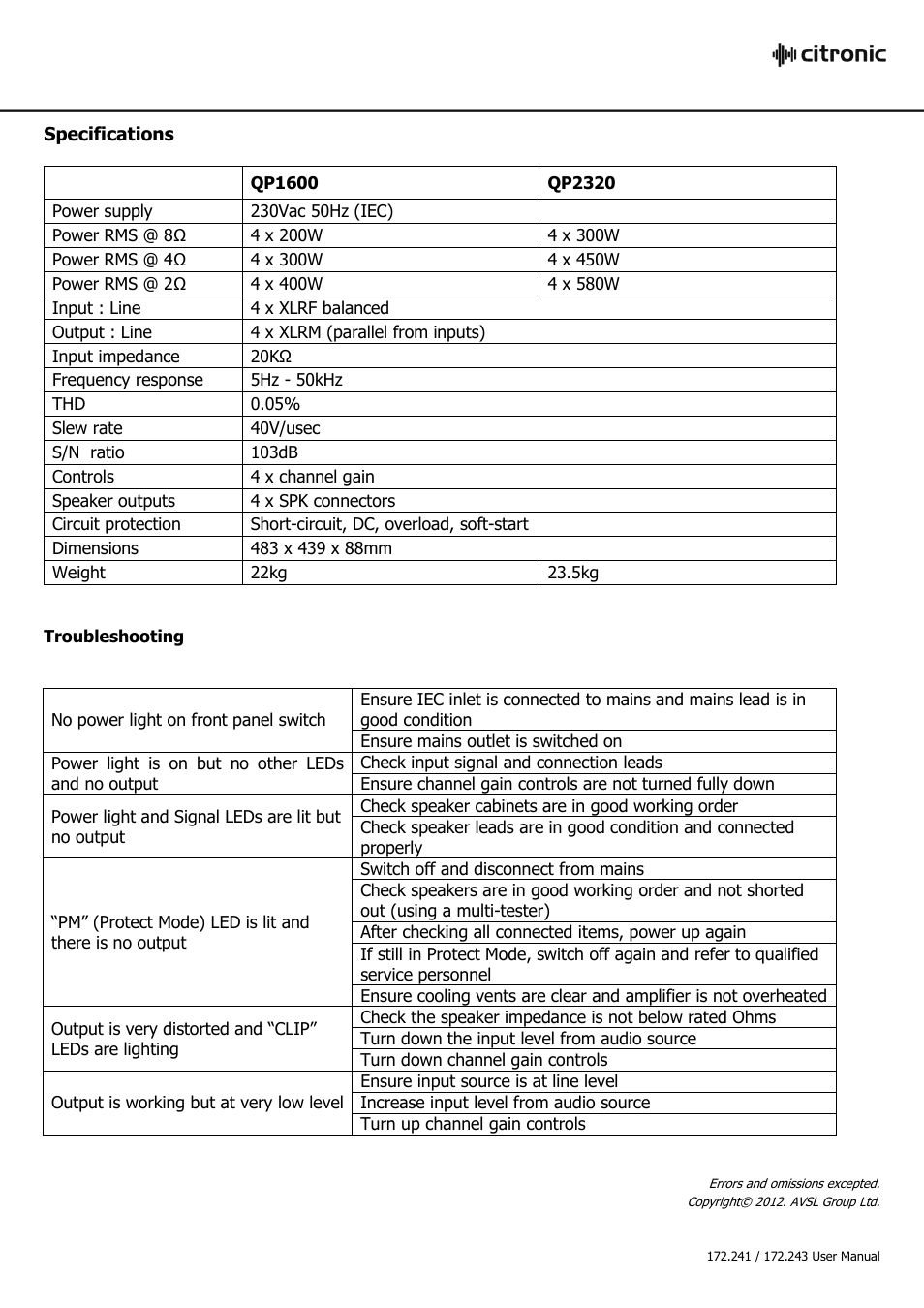 AVSL Citronic QP1600 User Manual | Page 4 / 4