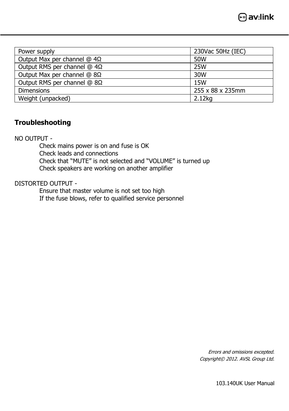 Troubleshooting | AVSL 103.140 SA-2 User Manual | Page 4 / 4