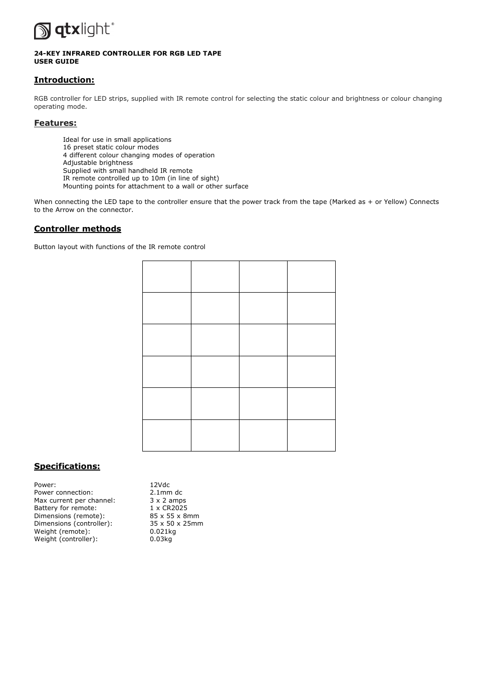 AVSL 153.741 24-KEY INFRARED CONTROLLER FOR RGB LED TAPE User Manual | 1 page