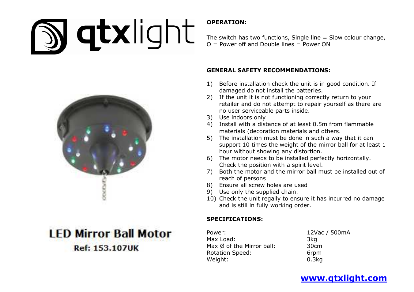AVSL 153.107 LED MIRROR BALL MOTOR User Manual | 1 page