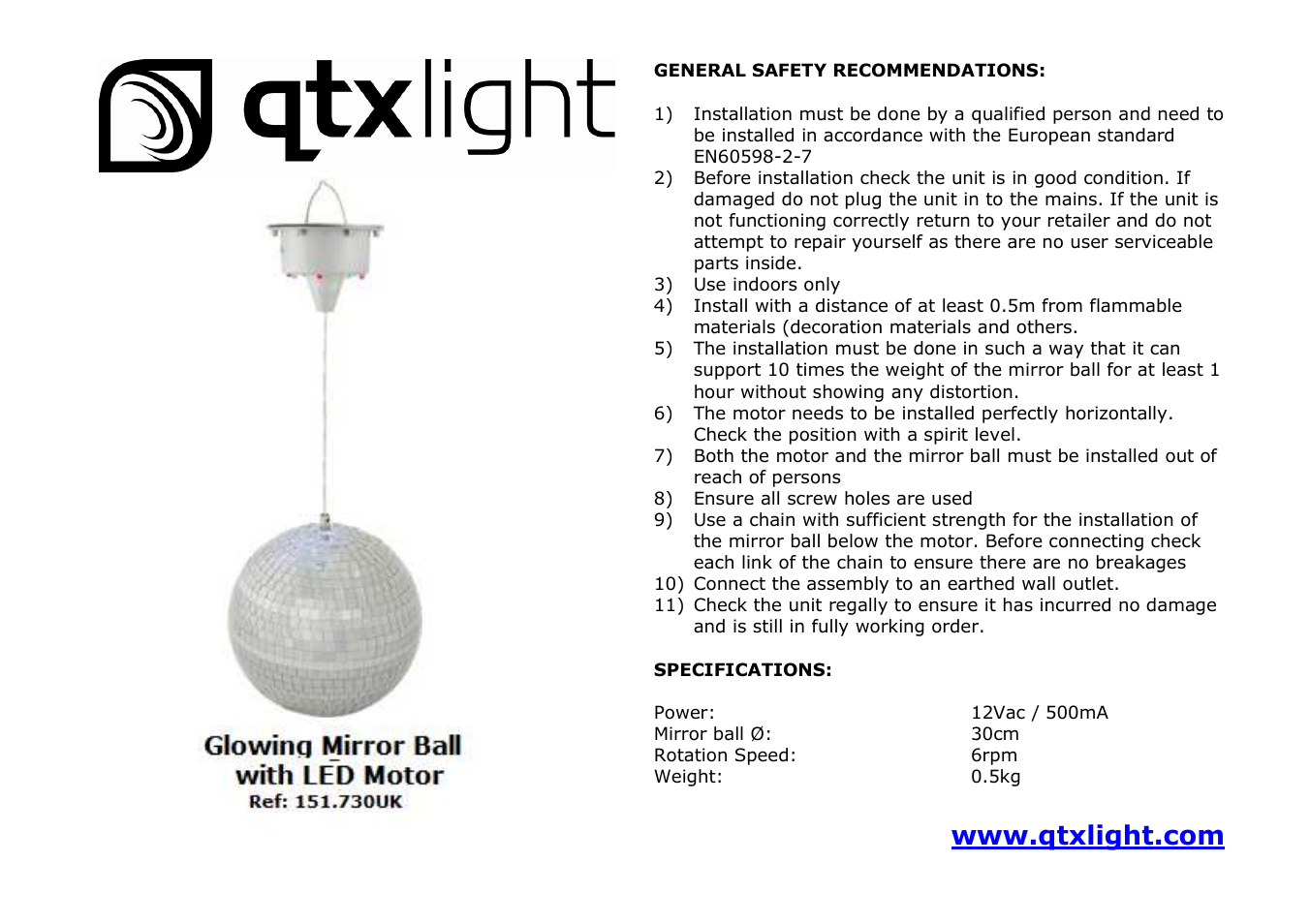 AVSL 151.730 GLOW MIRROR BALL MOTOR User Manual | 1 page