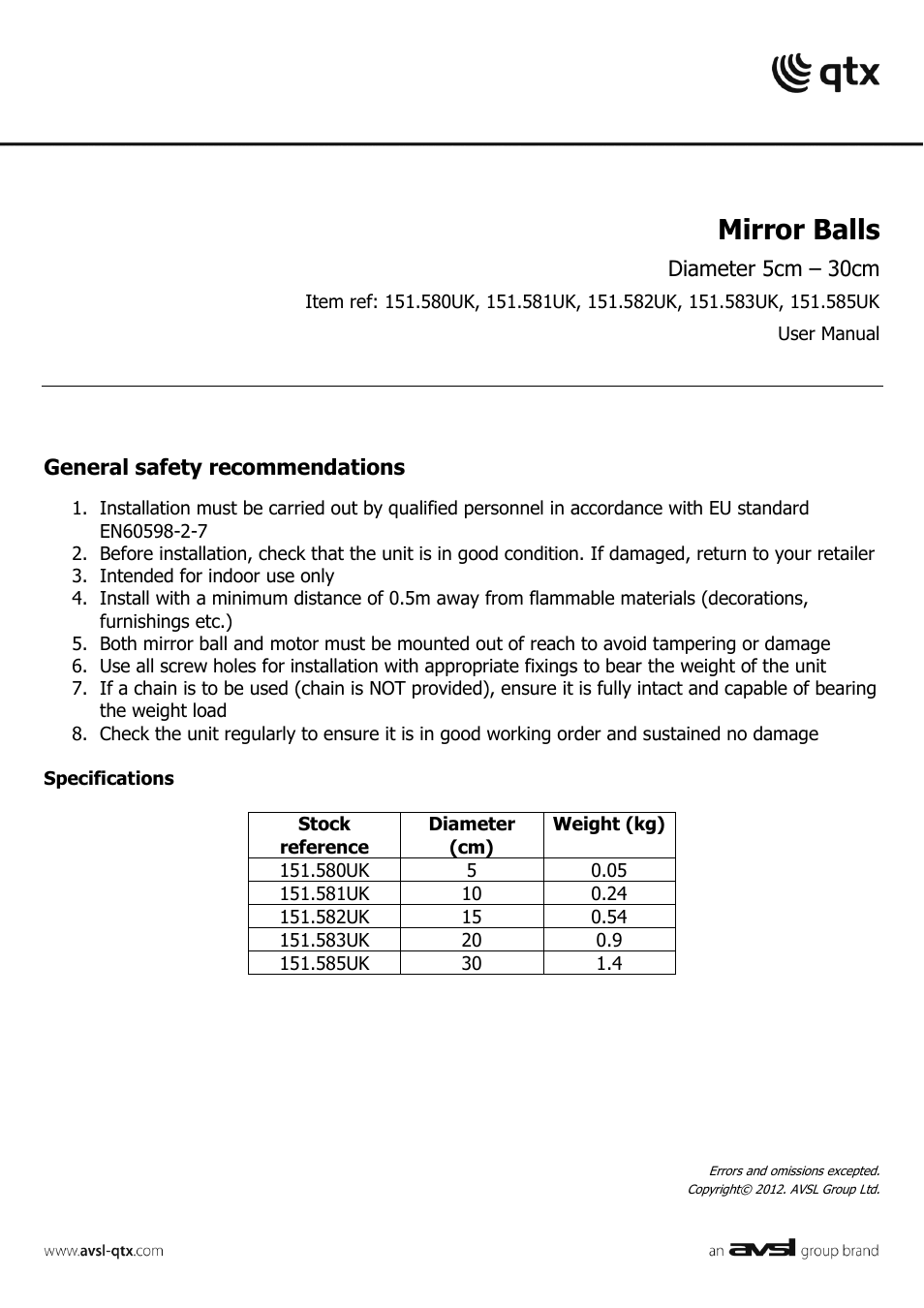 AVSL 151.580 MIRROR BALL User Manual | 1 page