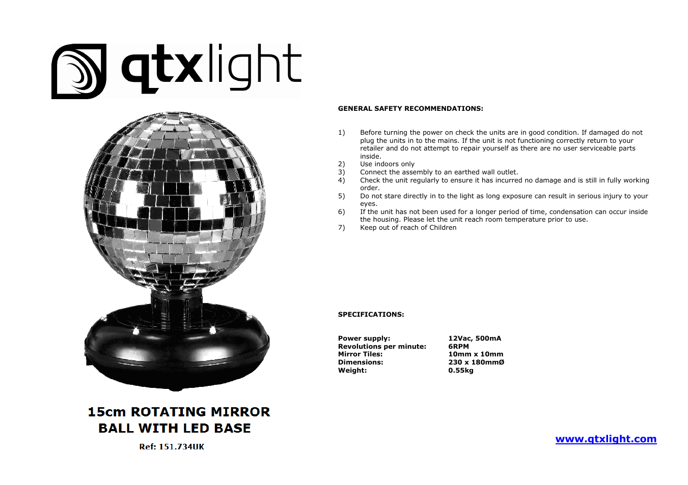 AVSL 151.734 MIRROR BALL User Manual | 1 page