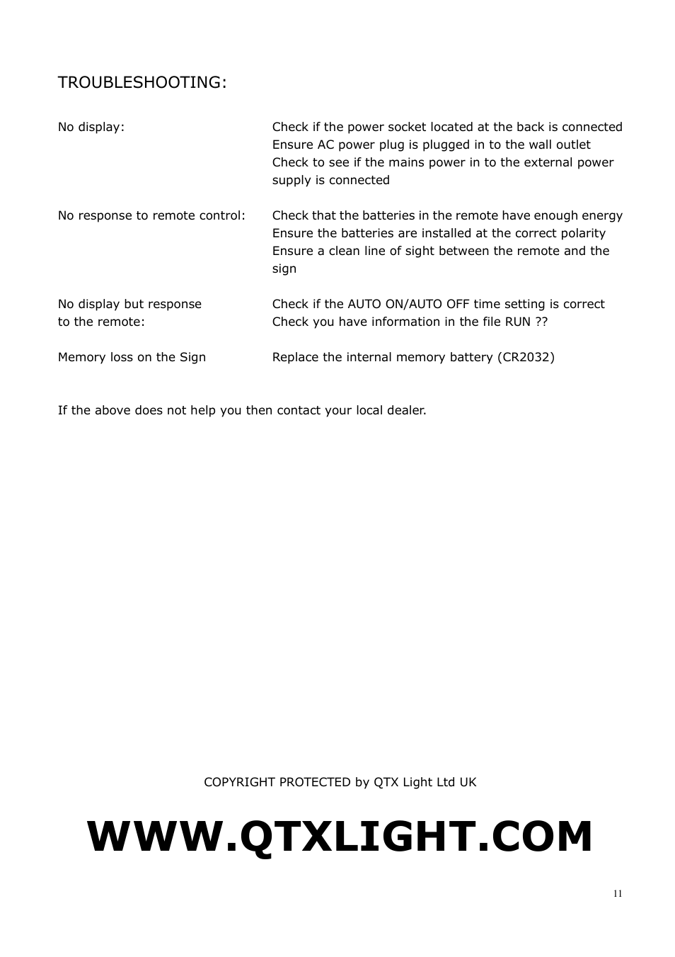 Troubleshooting | AVSL 153.110-153.114 Moving Message Display User Manual | Page 11 / 11