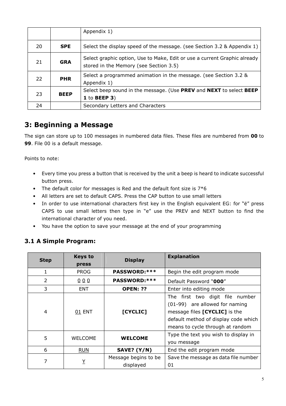 Beginning a message, 1 a simple program | AVSL 153.110-153.114 Moving Message Display User Manual | Page 5 / 11