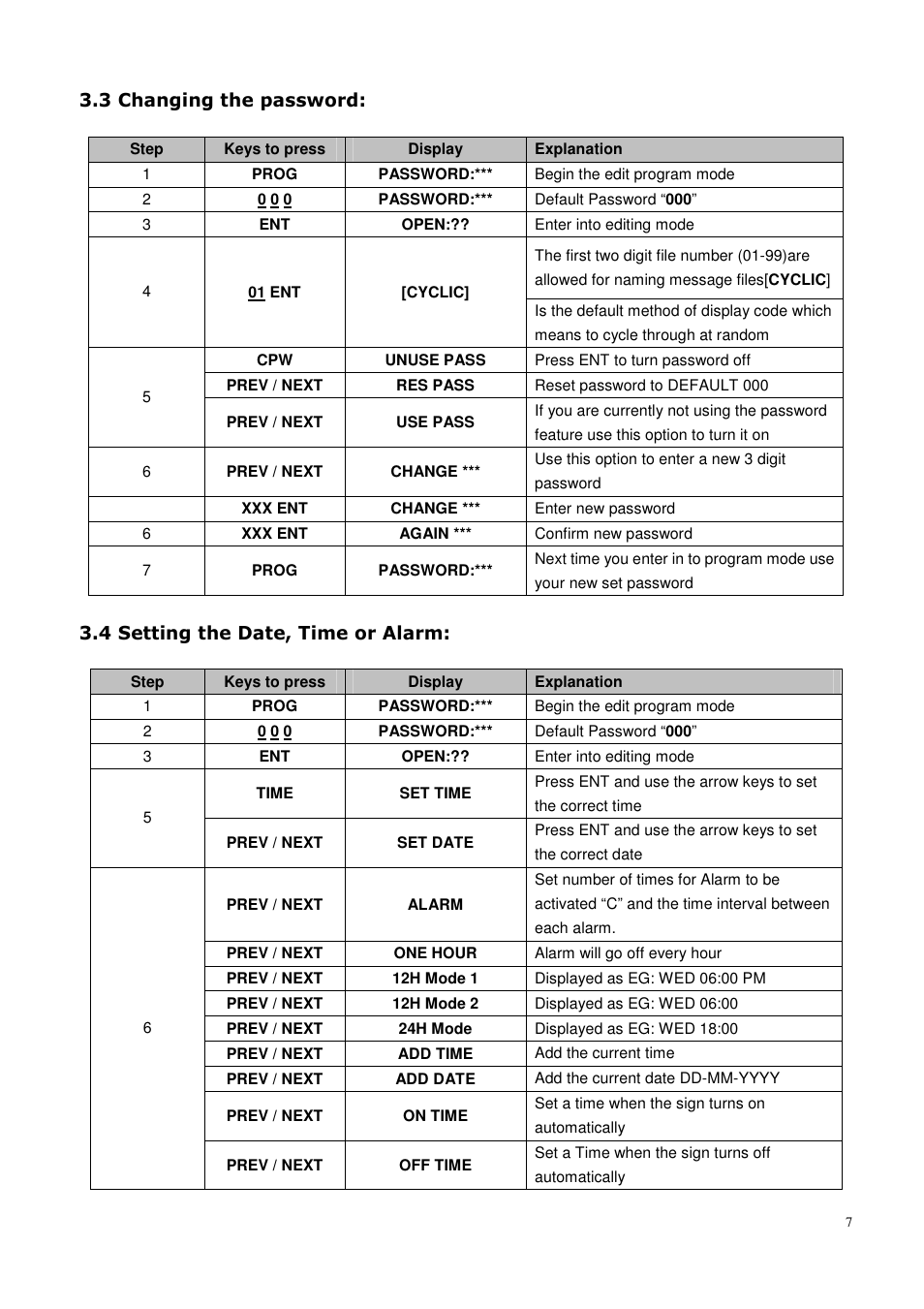 3 changing the password, 4 setting the date, time or alarm | AVSL 153.110-153.114 Moving Message Display User Manual | Page 7 / 11