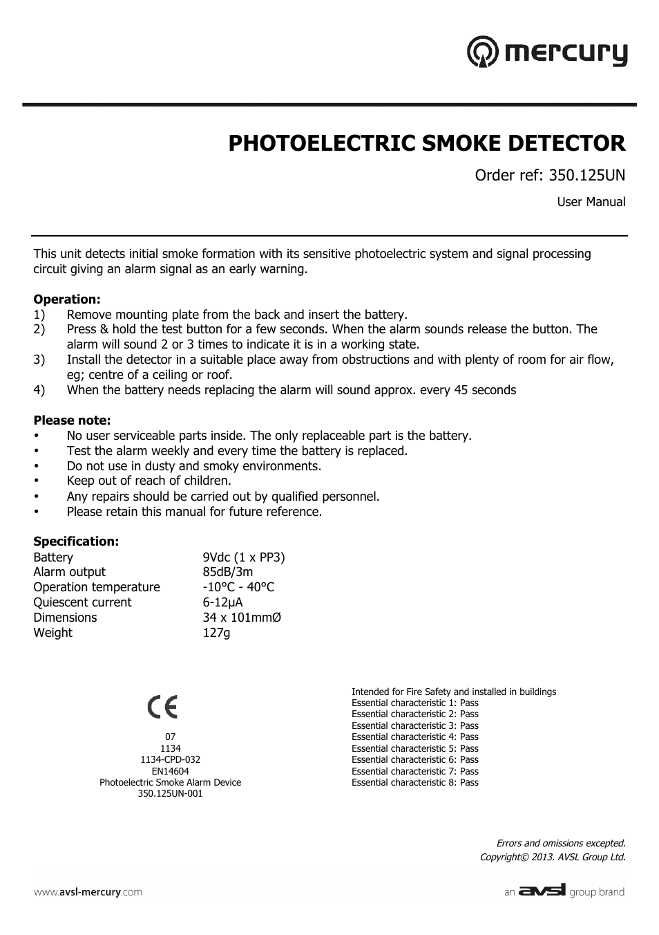 AVSL 350.125 PHOTOELECTRIC SMOKE DETECTOR User Manual | 1 page