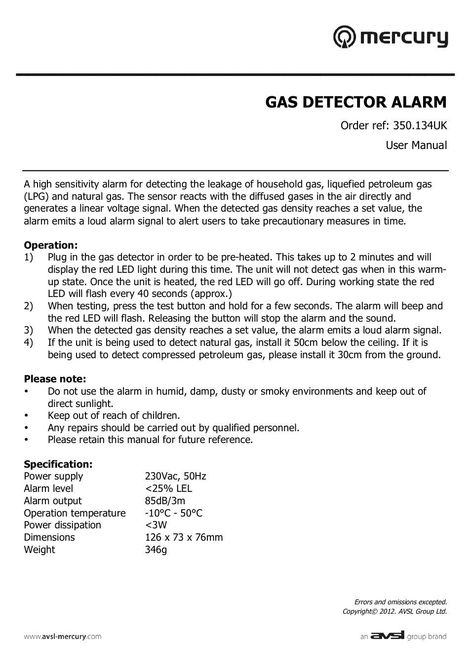 AVSL 350.134 GAS DETECTOR ALARM User Manual | 1 page