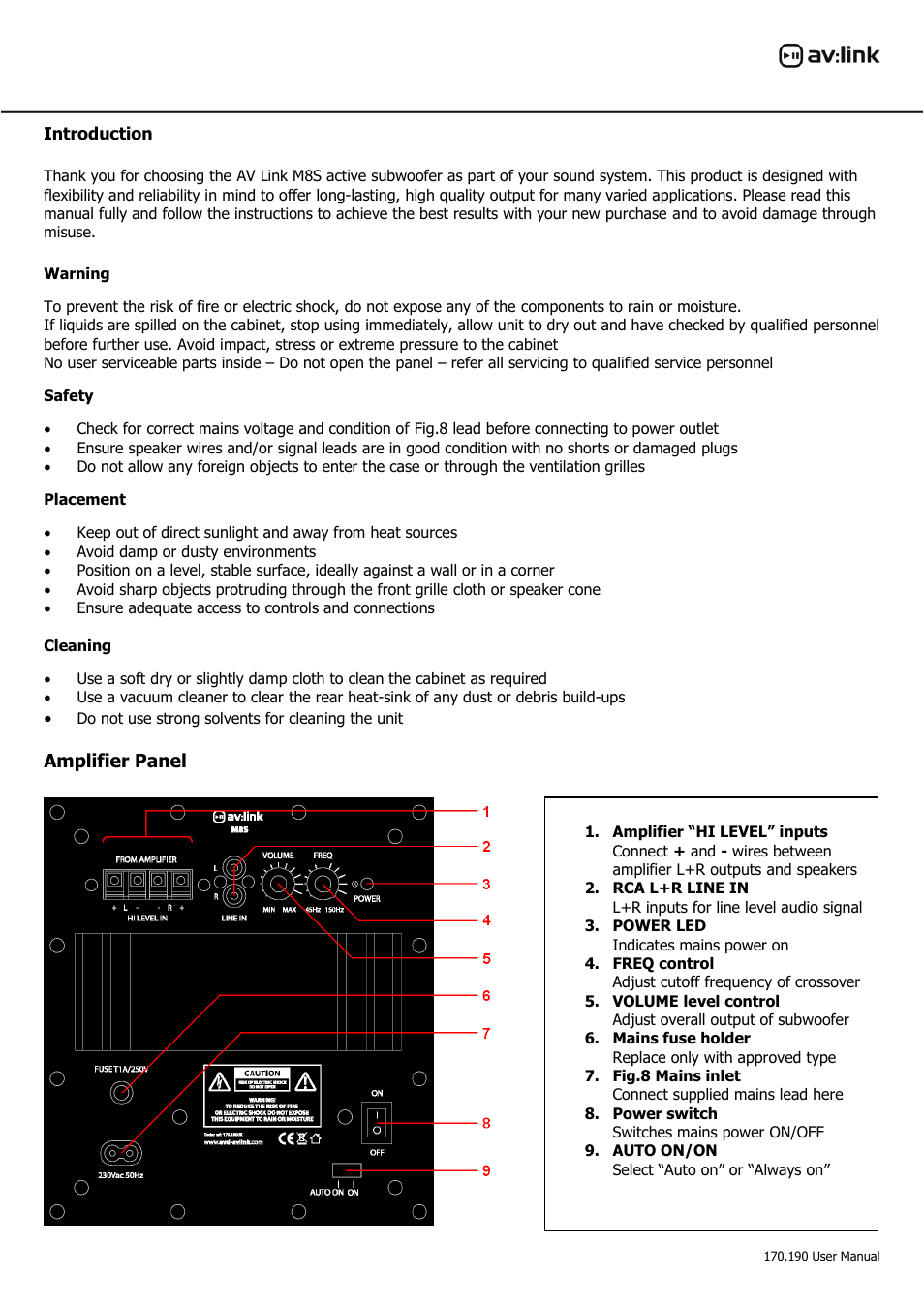 Amplifier panel | AVSL 170.190 M8S User Manual | Page 2 / 4