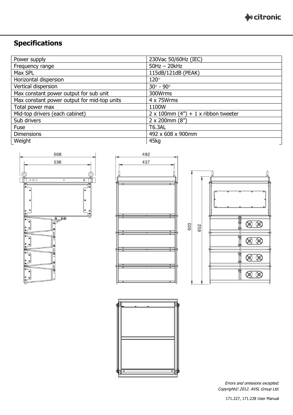 Specifications | AVSL Citronic CLA-300 User Manual | Page 21 / 21