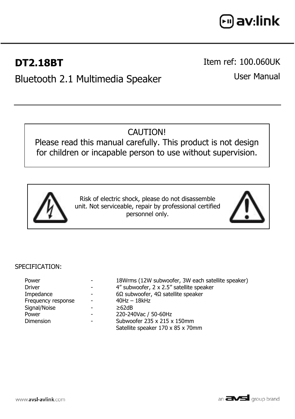 AVSL 100.060 DT2.18BT User Manual | 5 pages