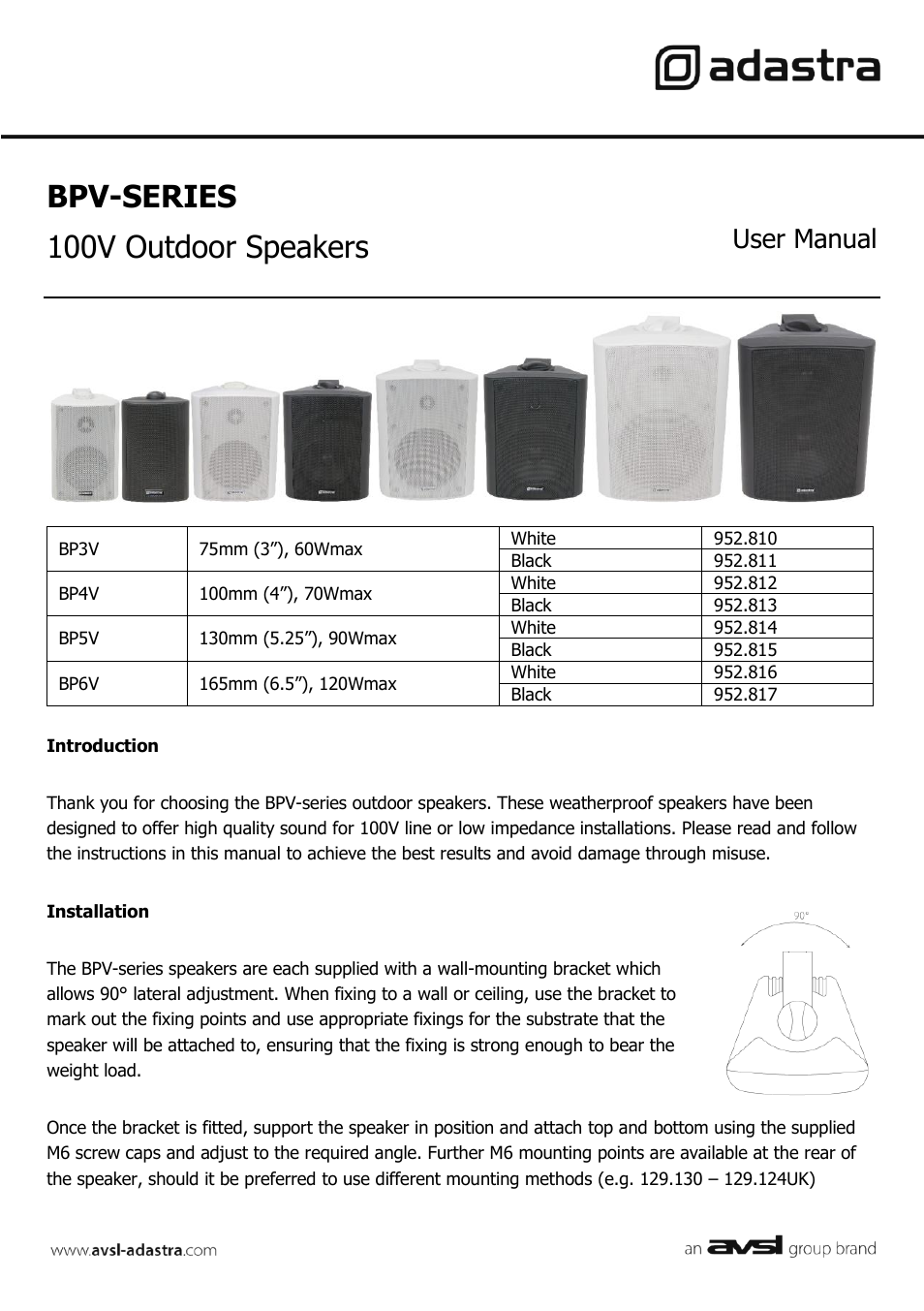 AVSL 952.810 BPV SERIES User Manual | 4 pages