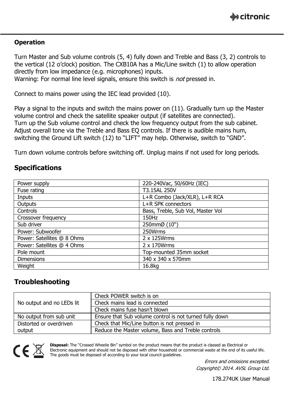 Specifications, Troubleshooting | AVSL Citronic CXB10A User Manual | Page 4 / 4