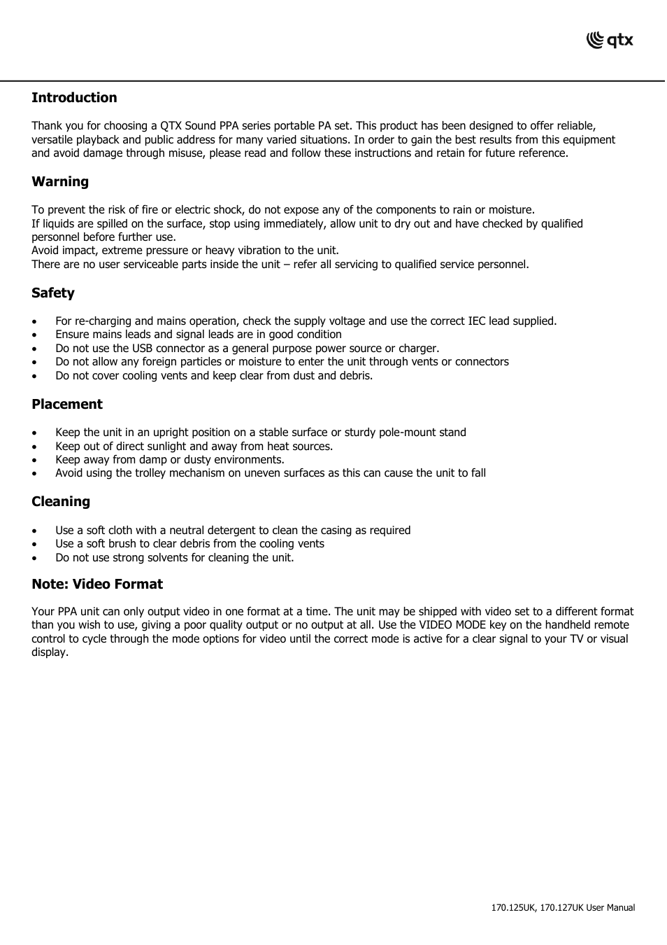 Introduction, Warning, Safety | Placement, Cleaning | AVSL 170.127 PPA74 User Manual | Page 2 / 7