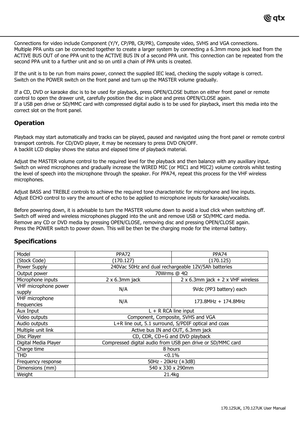 Operation, Specifications | AVSL 170.127 PPA74 User Manual | Page 6 / 7