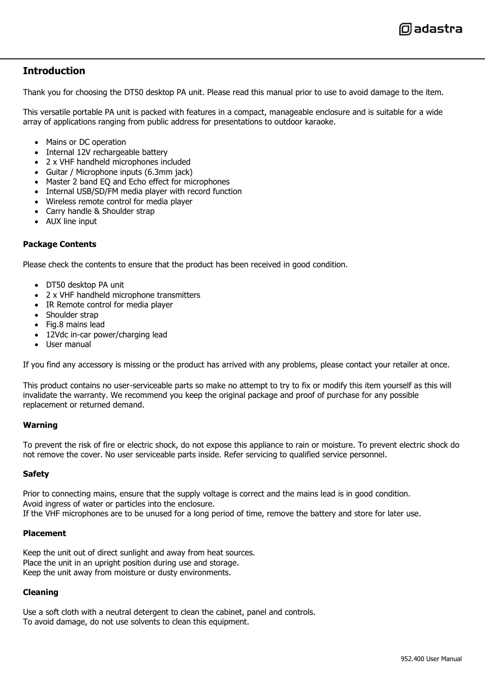 Introduction | AVSL 952.400 DT50 User Manual | Page 3 / 8