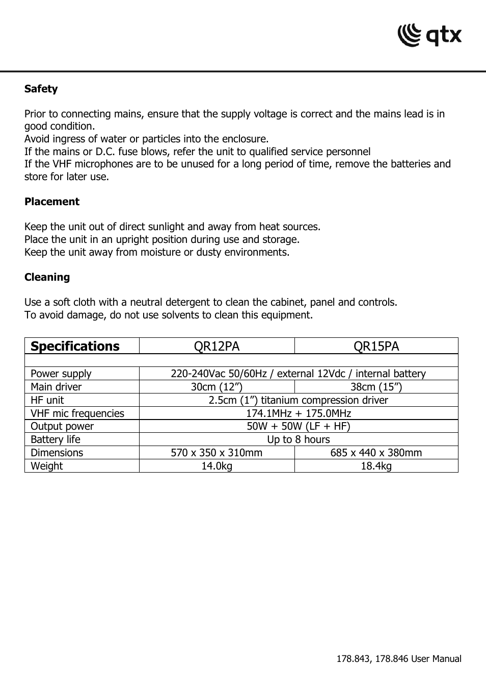 Specifications, Qr12pa qr15pa | AVSL 178.846 QR15PA User Manual | Page 3 / 8
