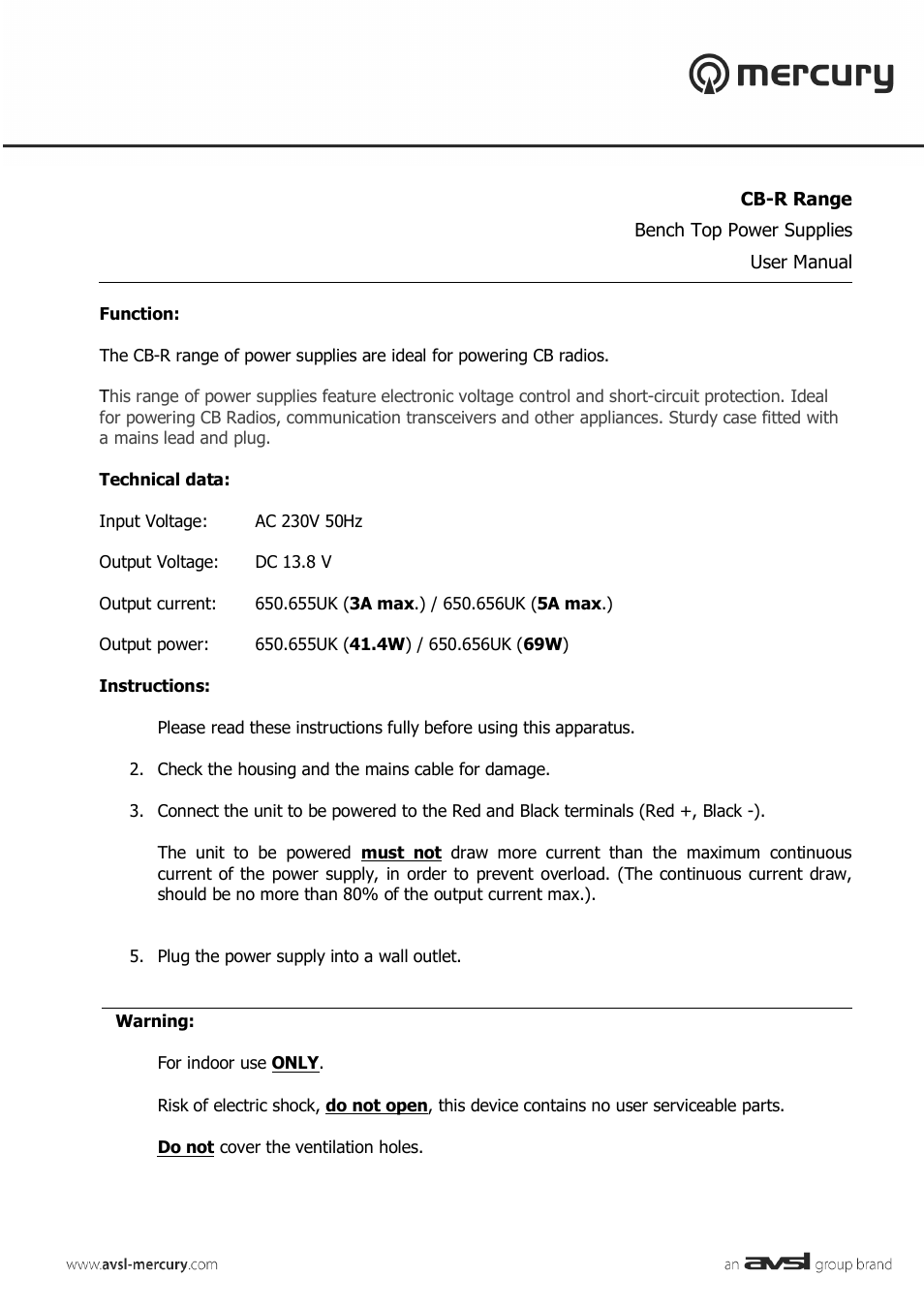 AVSL 650.655 CB-R Range User Manual | 2 pages