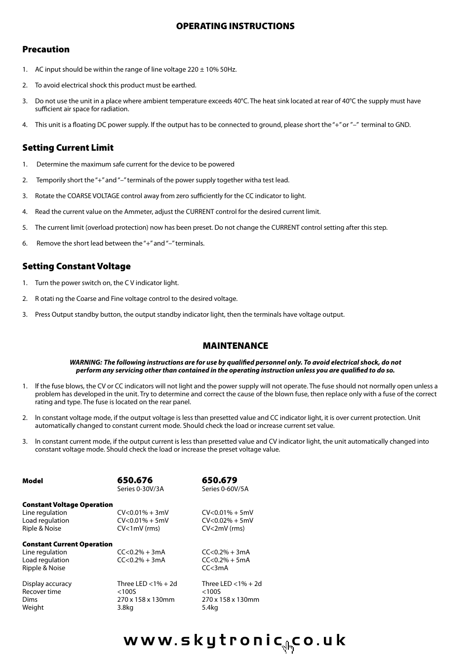 Operating instructions precaution, Setting current limit, Setting constant voltage | Maintenance | AVSL 650.676 REGULATED DC POWER SUPPLY User Manual | Page 2 / 2