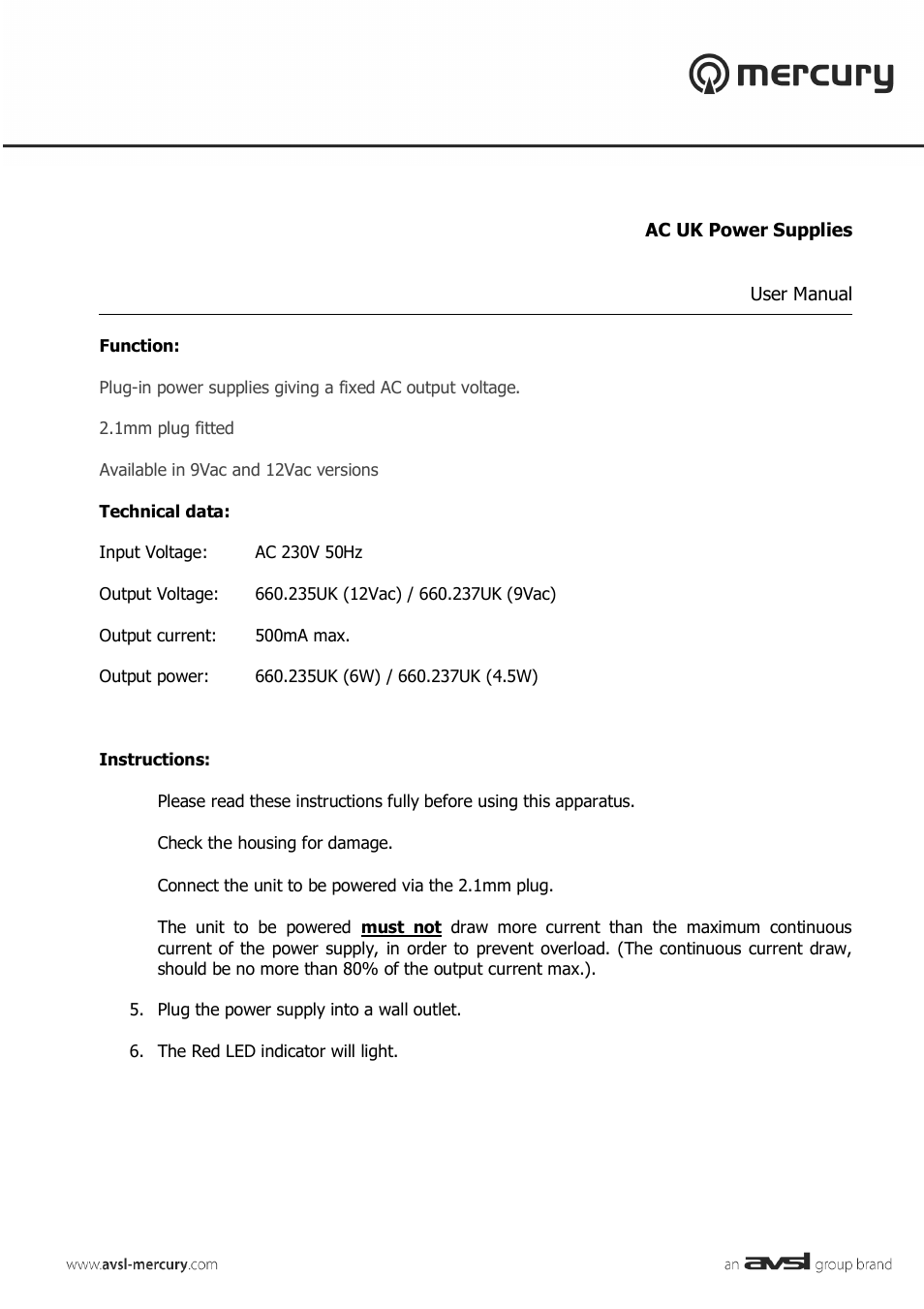 AVSL 660.237 AC UK Power Supplies User Manual | 2 pages