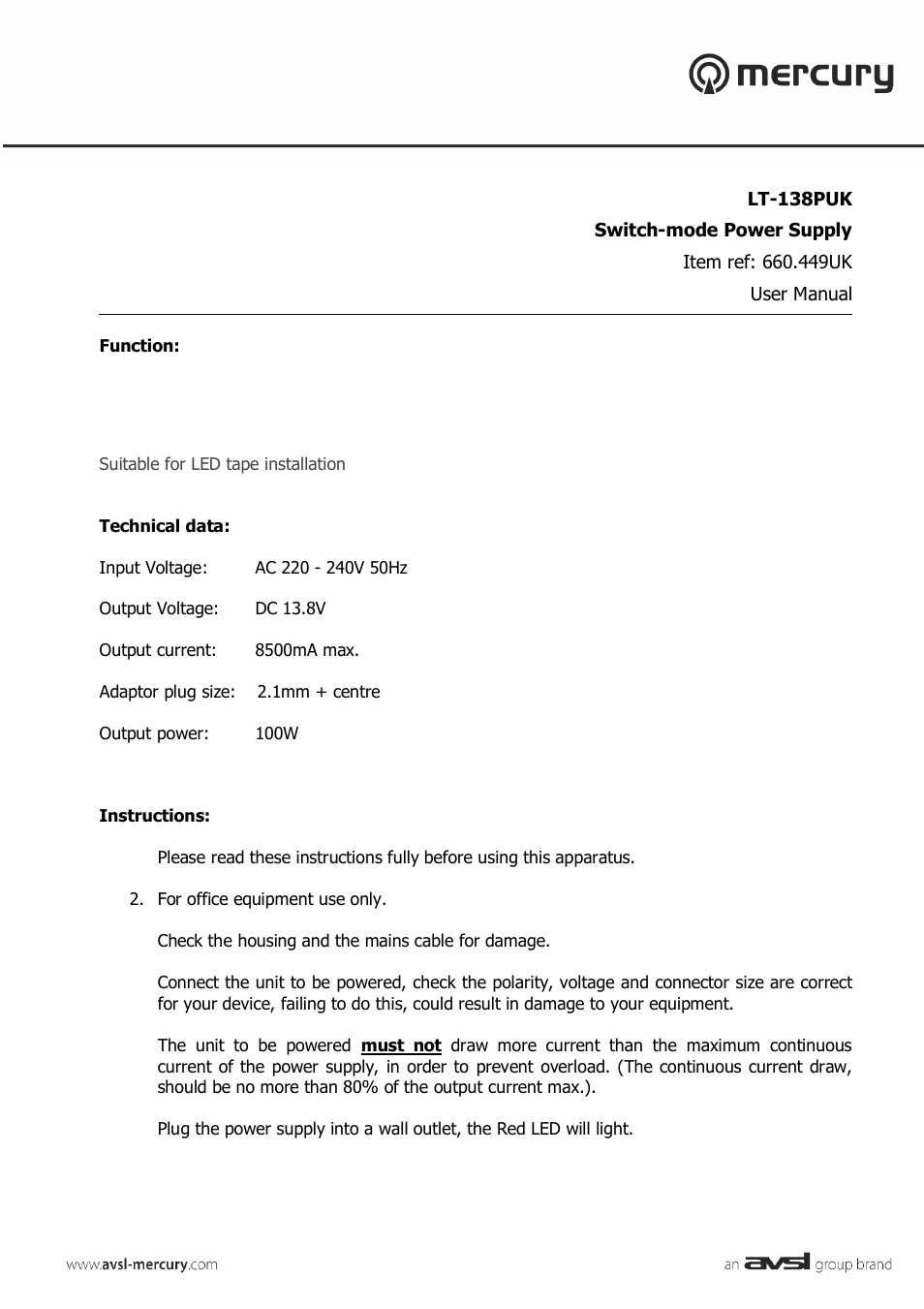 AVSL 660.449 LT-138PUK User Manual | 2 pages