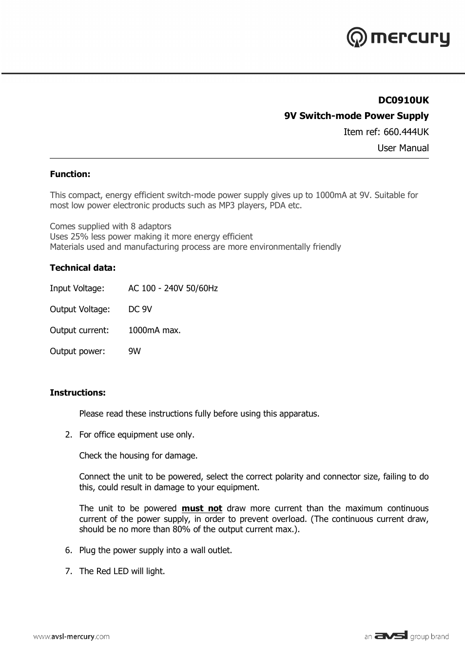 AVSL 660.444 DC0910UK User Manual | 2 pages