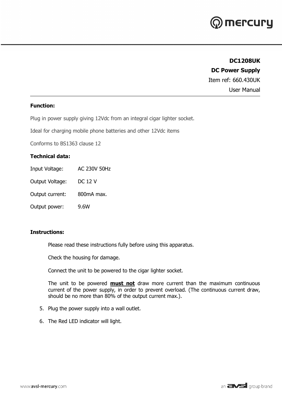 AVSL 660.430 DC1208UK User Manual | 2 pages