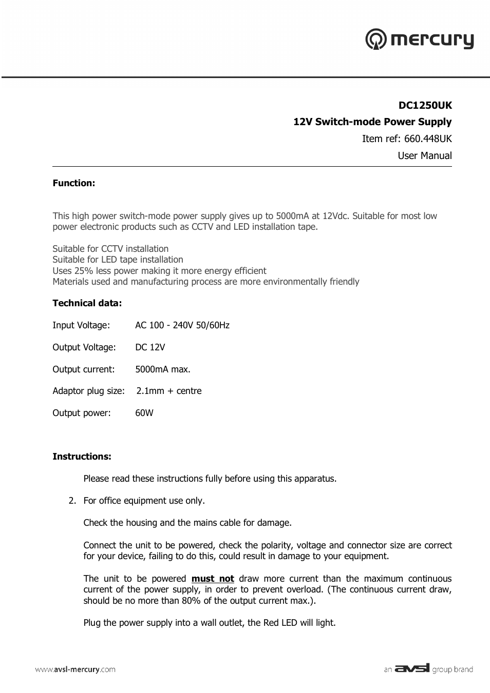 AVSL 660.448 DC1250UK User Manual | 2 pages