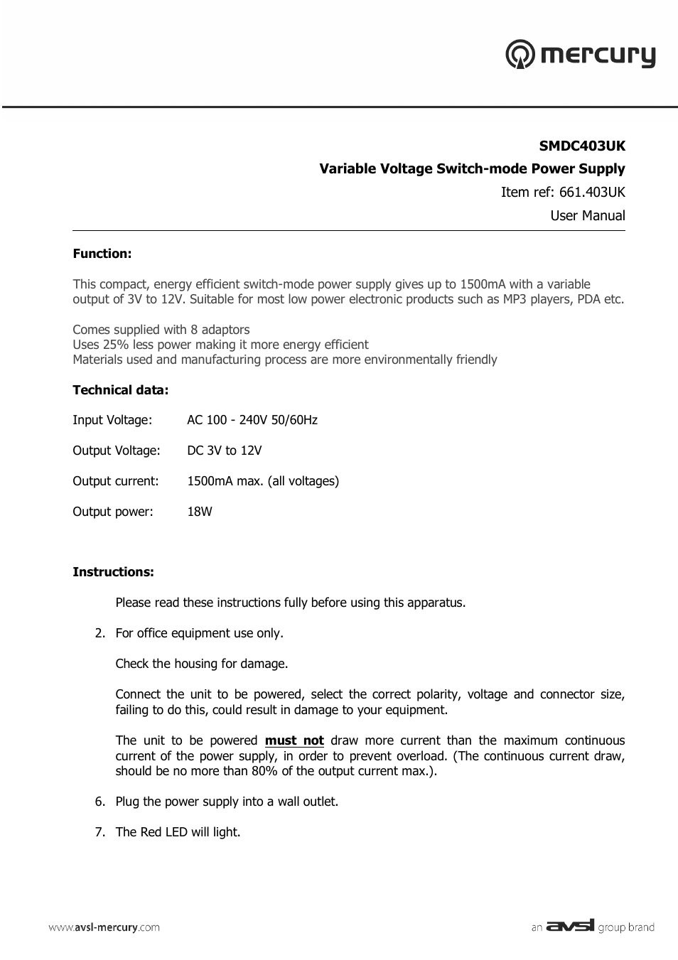AVSL 661.403 SMDC403UK User Manual | 2 pages