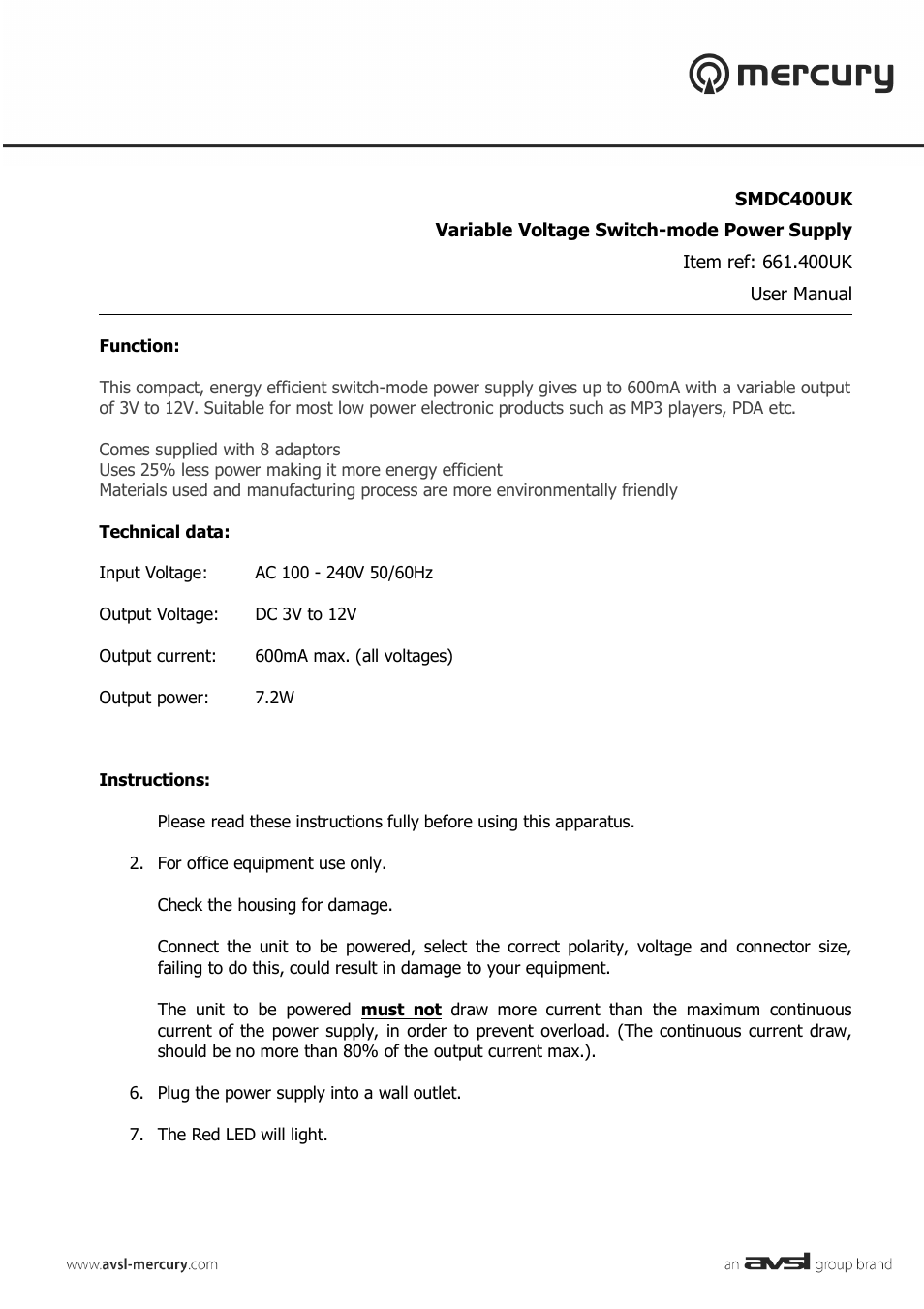 AVSL 661.400 SMDC400UK User Manual | 2 pages