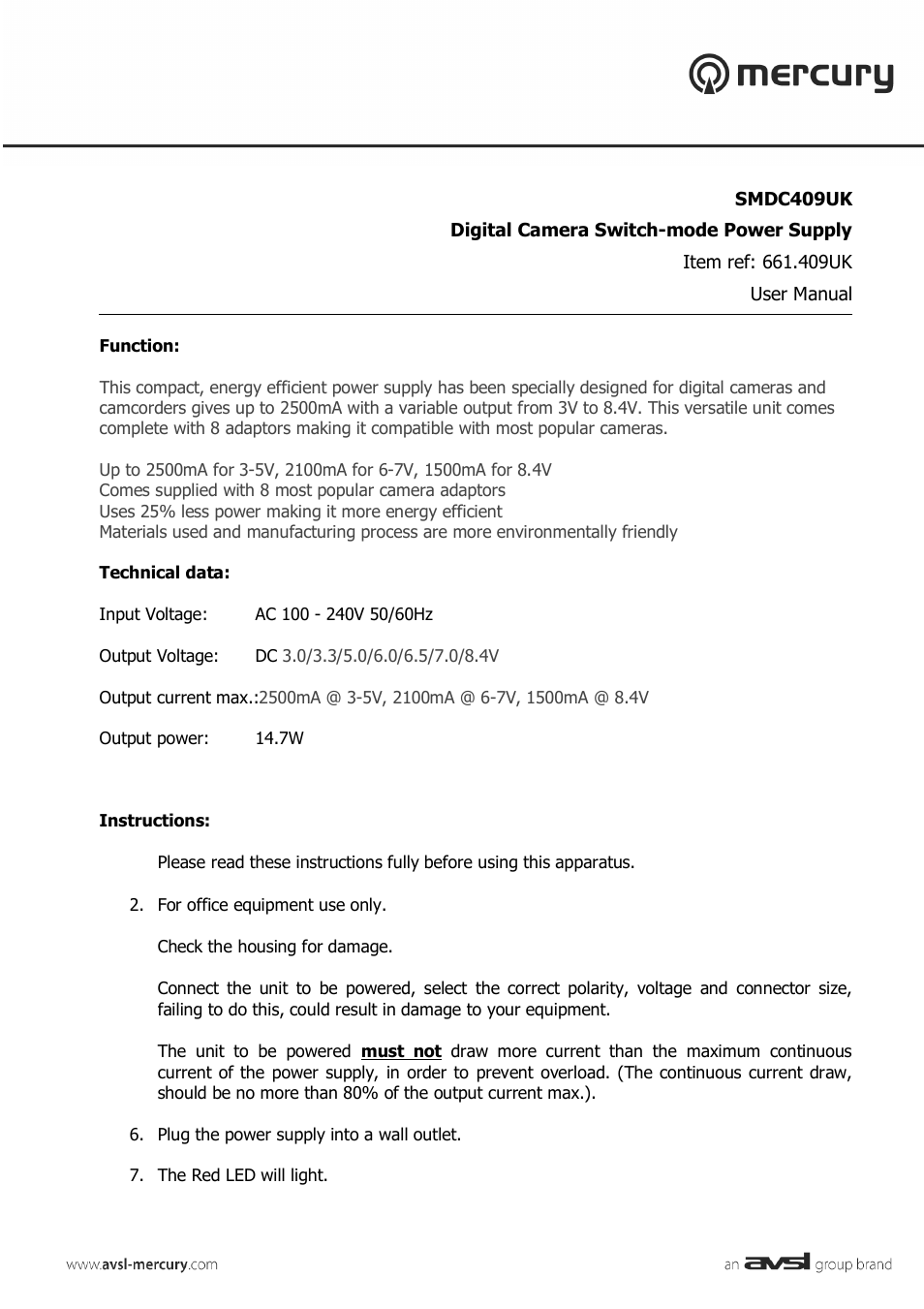 AVSL 661.409 SMDC409UK User Manual | 2 pages
