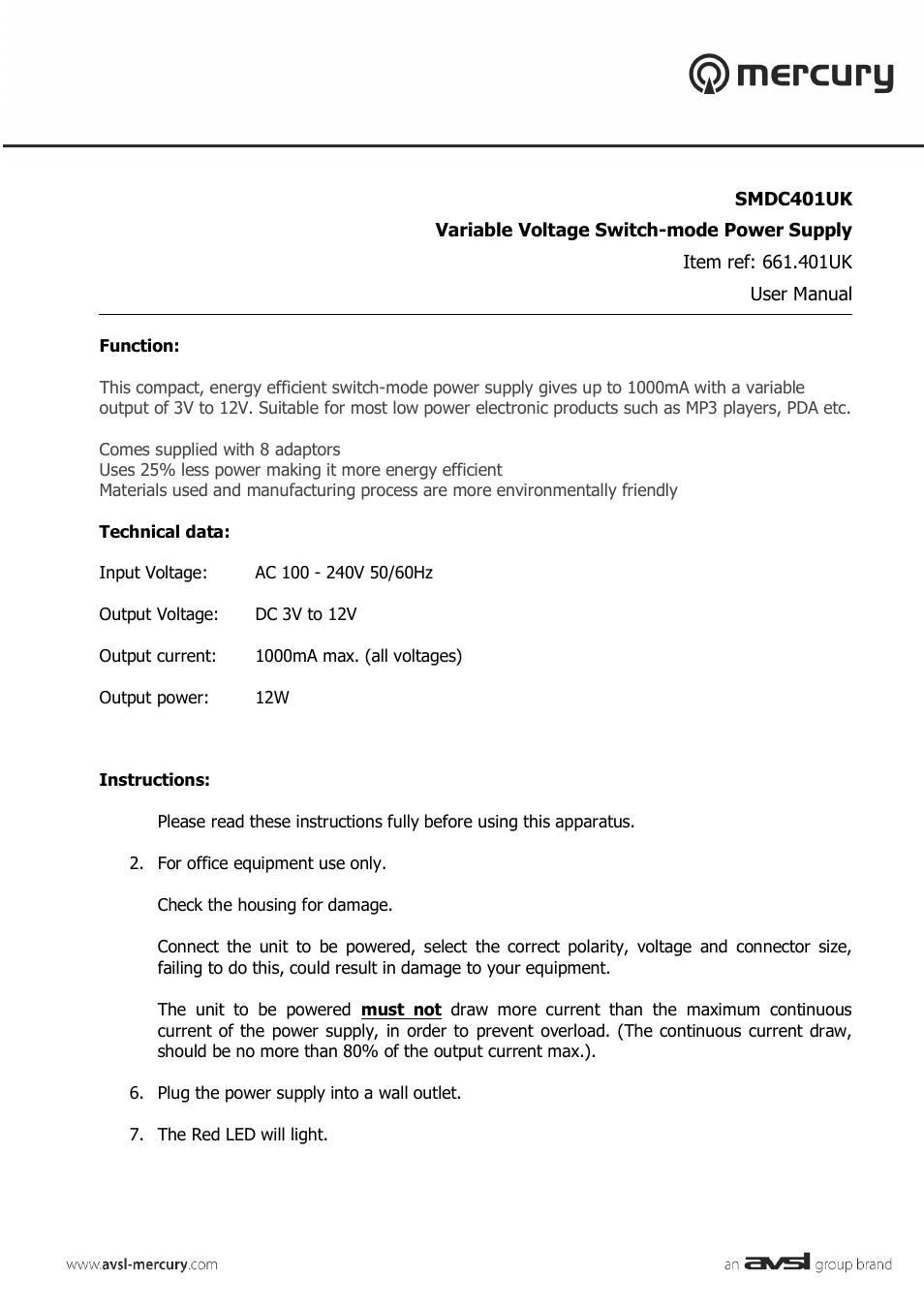 AVSL 661.401 SMDC401UK User Manual | 2 pages