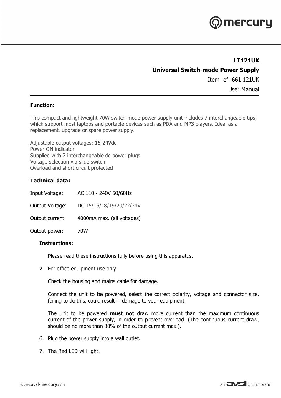 AVSL 661.121 LT121UK User Manual | 2 pages