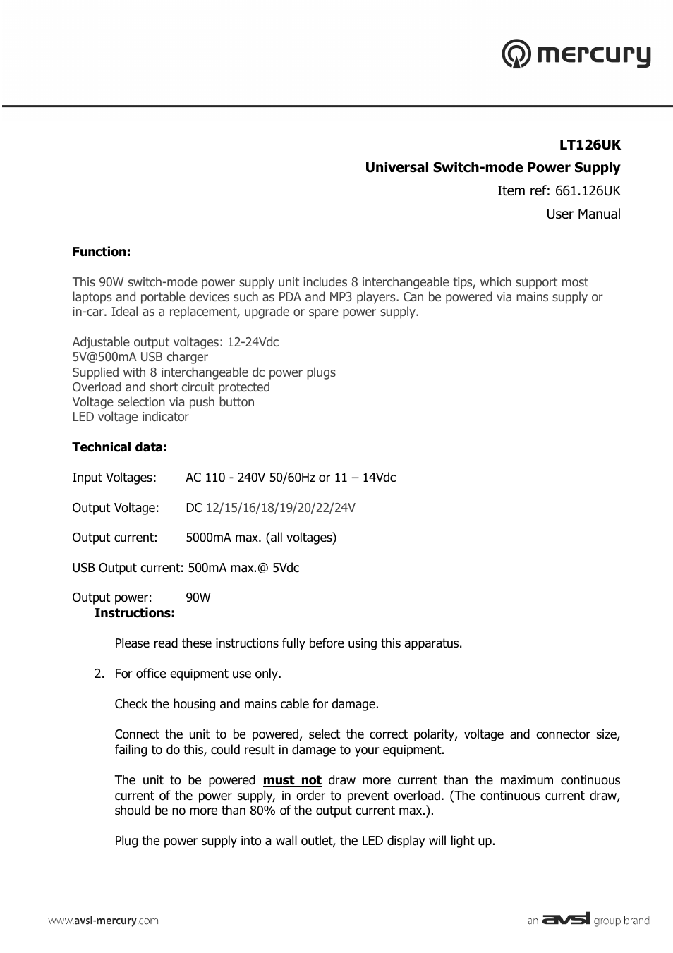 AVSL 661.126 LT126UK User Manual | 2 pages